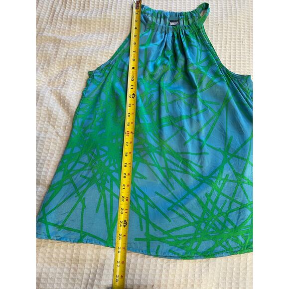 Anni Kuan Blue & Green Tropical Print High Neck Silk Tank/ Blouse Y2K Medium - Picture 7 of 9